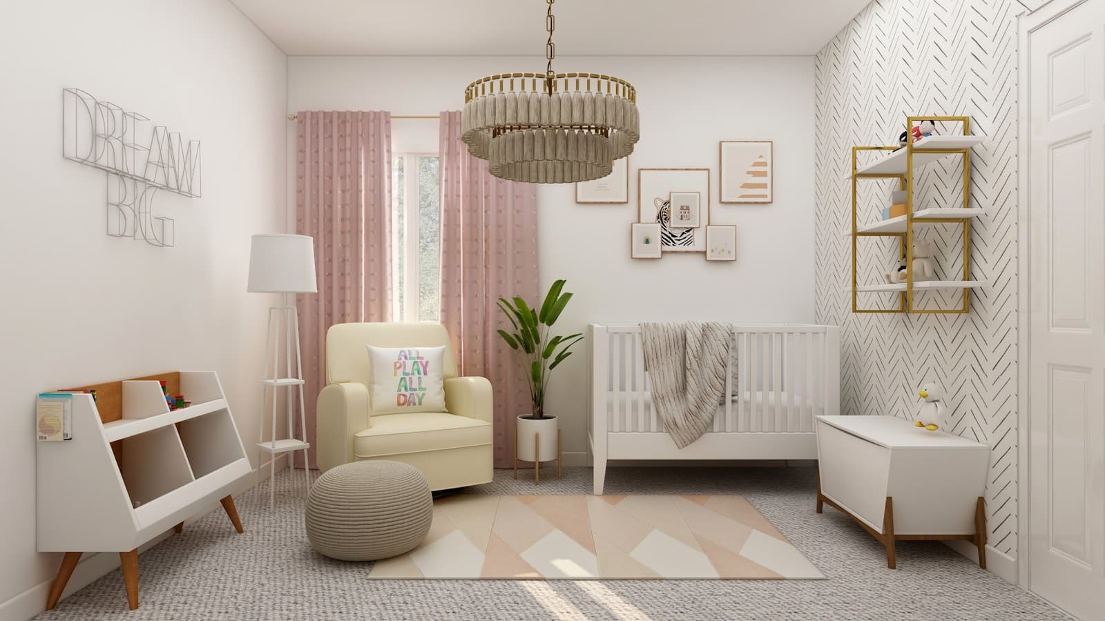 Quarto de bebê em tons suaves com cortina blackout fechada