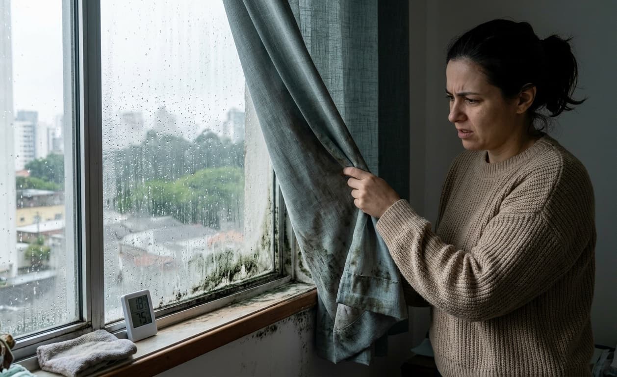 Janela com persiana horizontal de alumínio aberta pela manhã, vidro com condensação