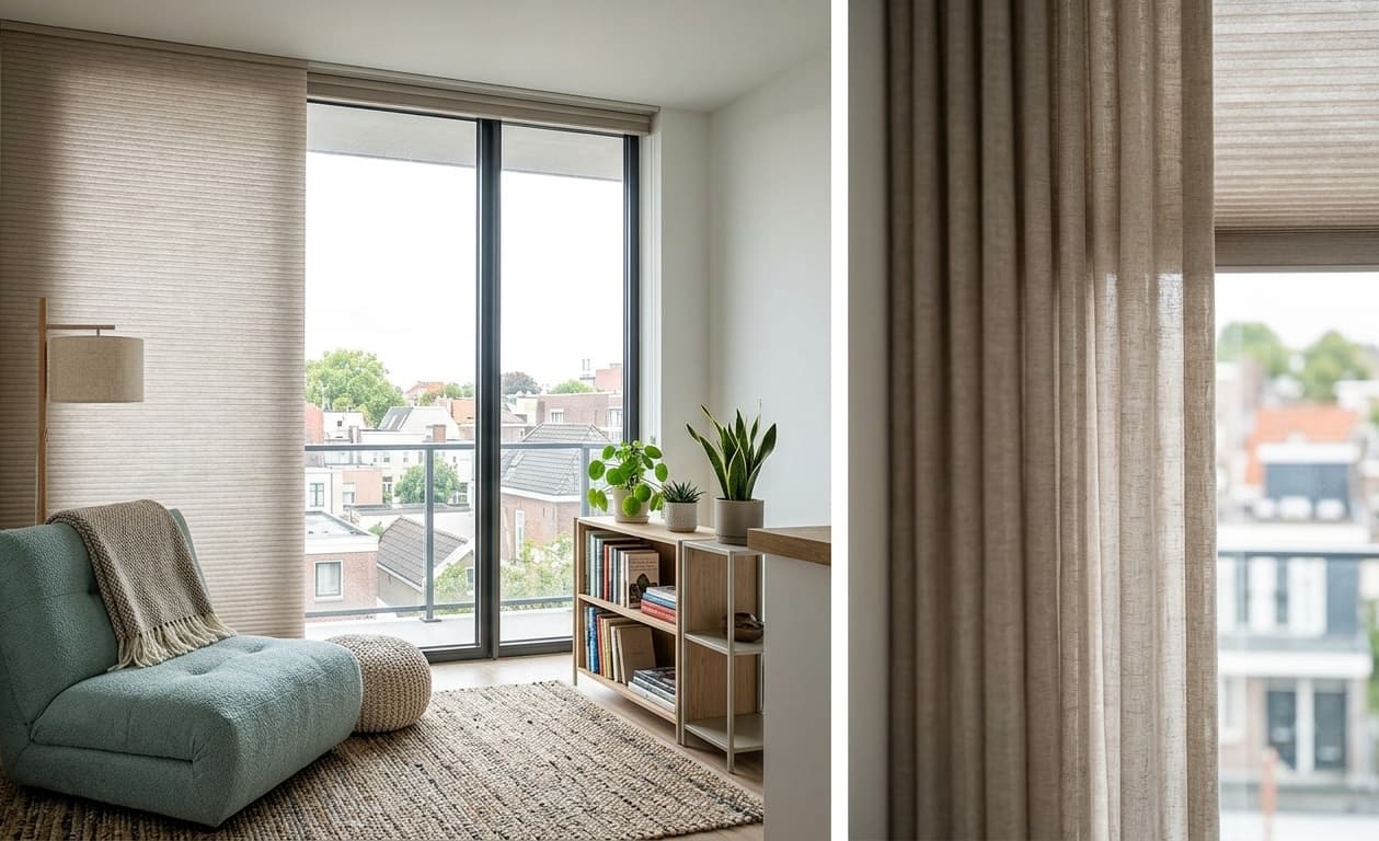 Cortina instalada rente ao teto e avançando além do vão, alongando a parede de um quarto pequeno