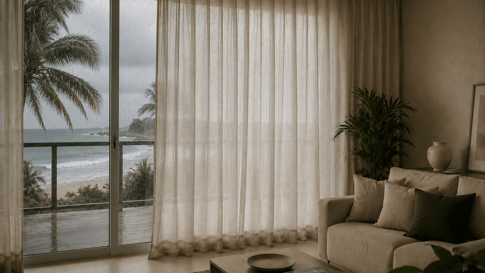 Varanda de casa litorânea com rolô de sistema zip e trilhos laterais contra o vento