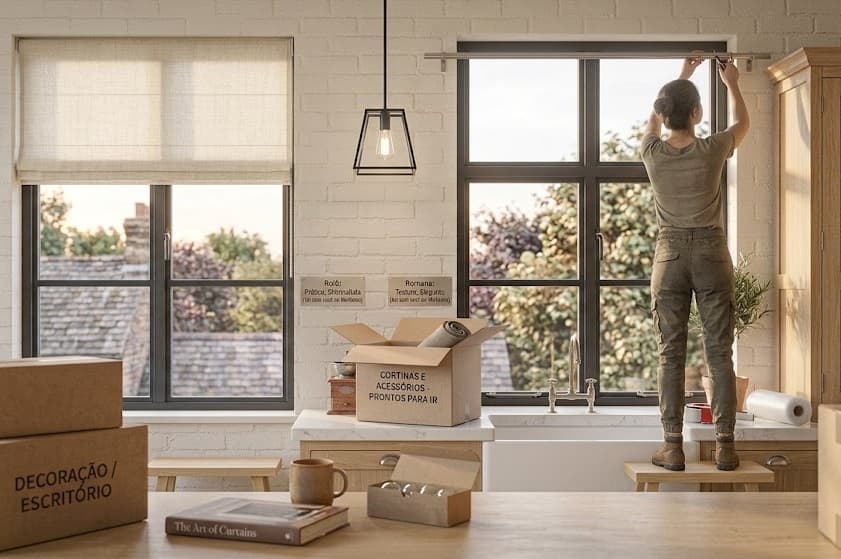 Janela de apartamento com cortina em varão simples, instalação sem obra