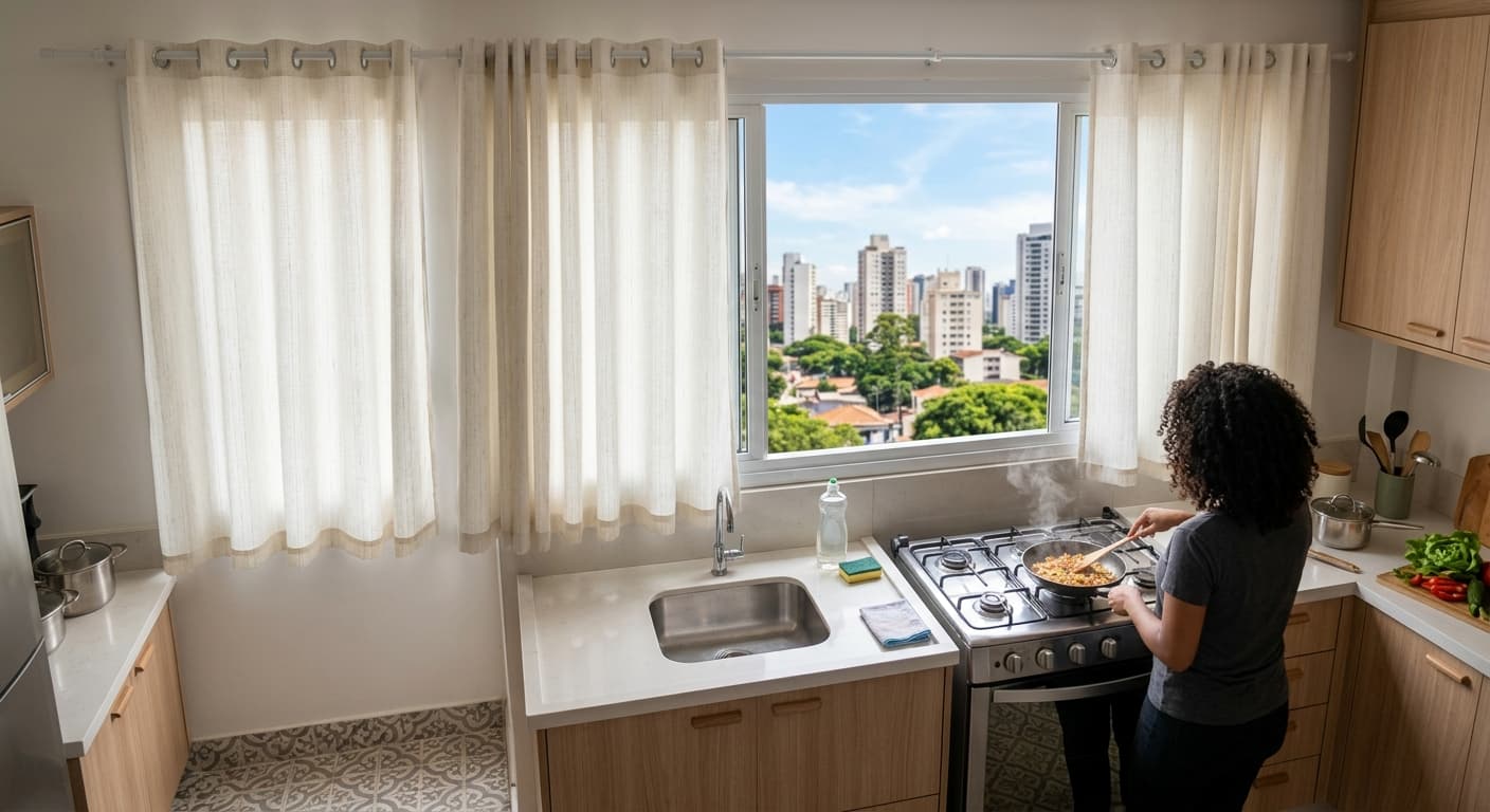 Cozinha clara com persiana horizontal de alumínio sobre a bancada da pia