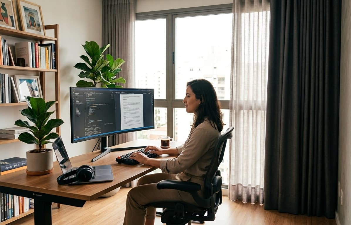Home office com persiana screen filtrando a luz sobre a mesa de trabalho