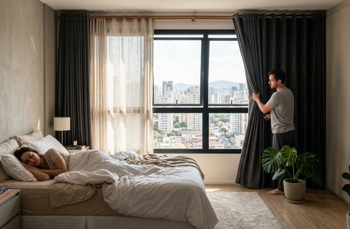 Quarto de casal com cortina blackout fechada e voil claro à frente