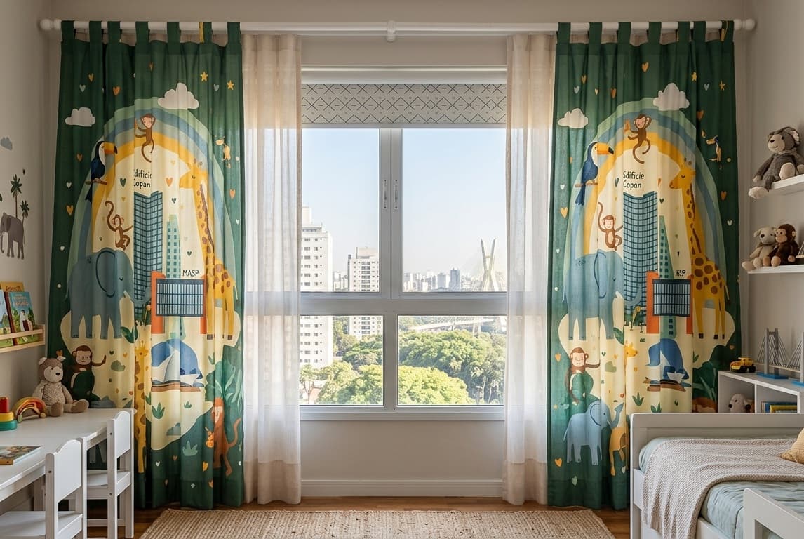 Quarto infantil claro com cortina de algodão e cama baixa junto à parede