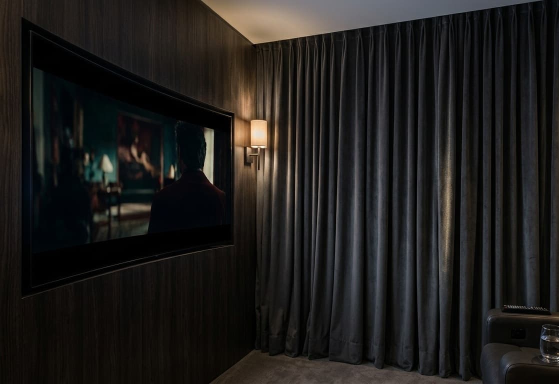 Sala de home theater com cortina de veludo escura cobrindo a parede da janela