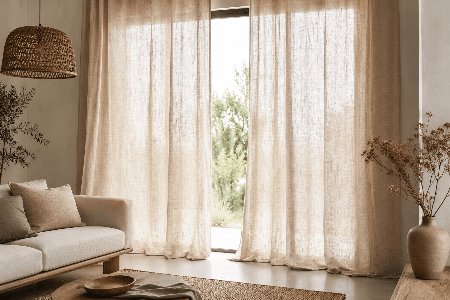 Cortina de linho natural com textura visível e caimento pesado