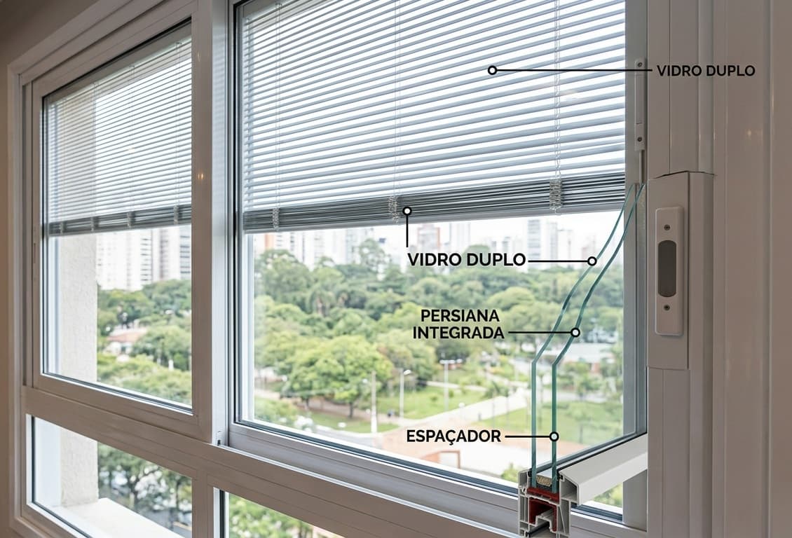 Persiana integrada entre os vidros de uma esquadria dupla